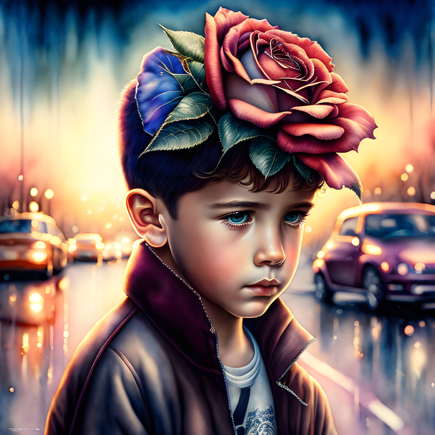 Young child with solemn expression and floral headpiece against city night backdrop.