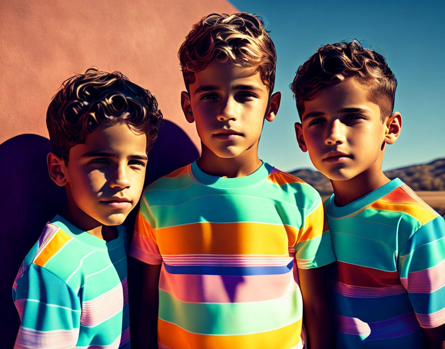 Three Boys in Colorful Striped Shirts Against Blue Sky