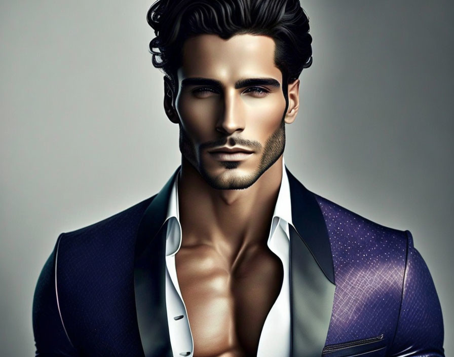 Stylish man digital art: chiseled features, designer beard, starry motif jacket