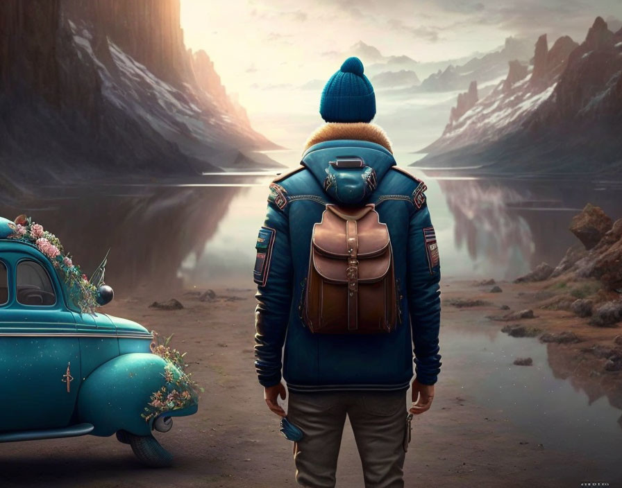 Blue jacket and beanie person by serene lake, mountains, vintage car