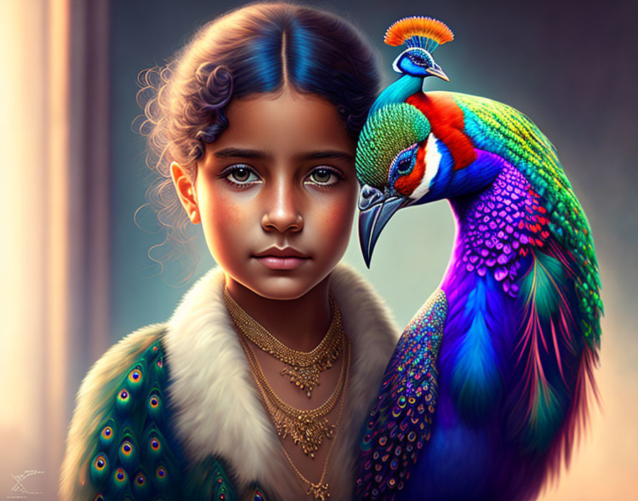 Vibrant digital artwork featuring young girl with blue and green hair and colorful peacock