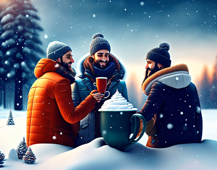Men in winter attire laughing and sharing a drink in snowy landscape