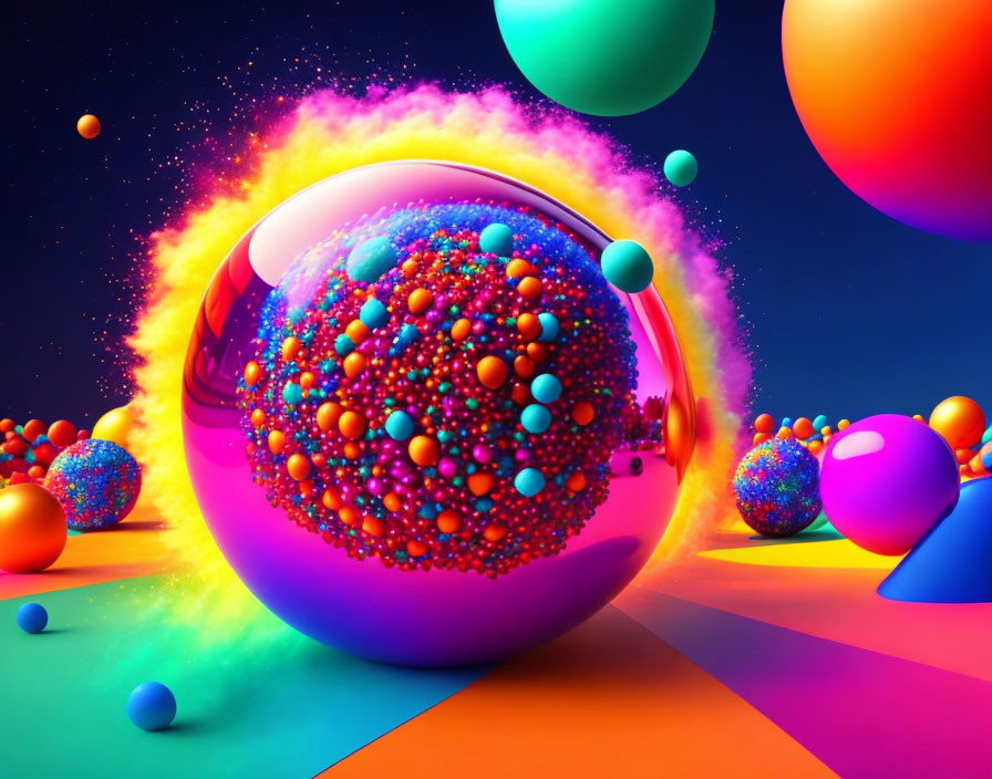 Colorful 3D Render of Floating Spheres in Neon Space