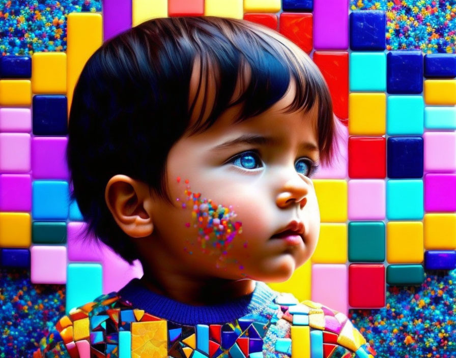 Blue-eyed toddler with dark hair in front of vibrant multicolored cubes