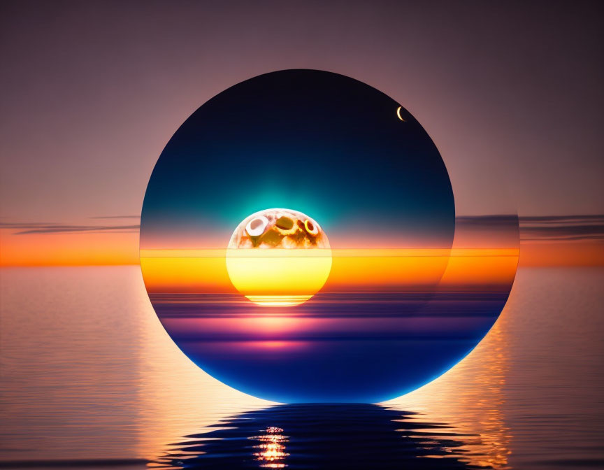 Layered Sunset Digital Artwork with Reflective Spheres