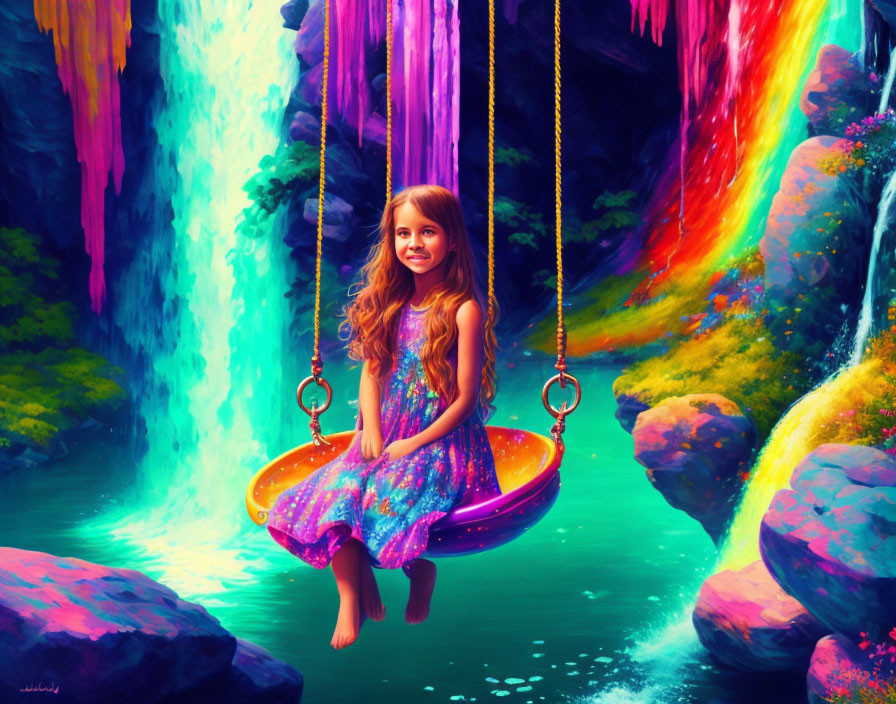 Girl on Swing in Vibrant Fantasy Landscape with Waterfalls