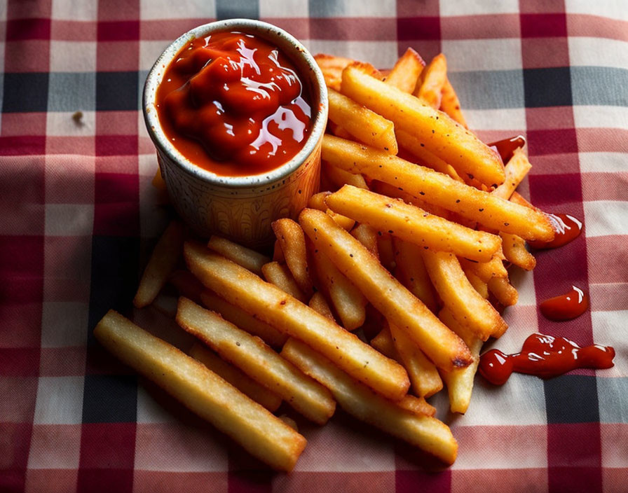 Crispy seasoned French fries with ketchup on checkered tablecloth