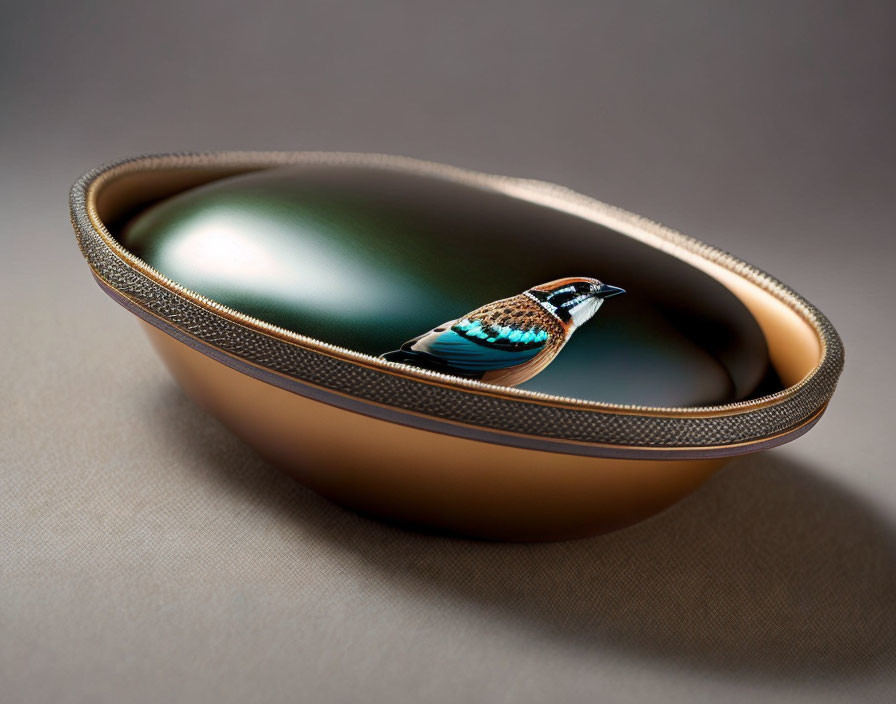 Iridescent bird on decorative bowl with glossy interior