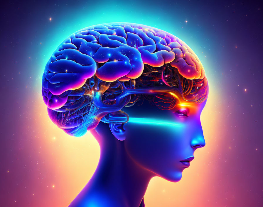 Colorful surreal human head profile with glowing brain on starry backdrop