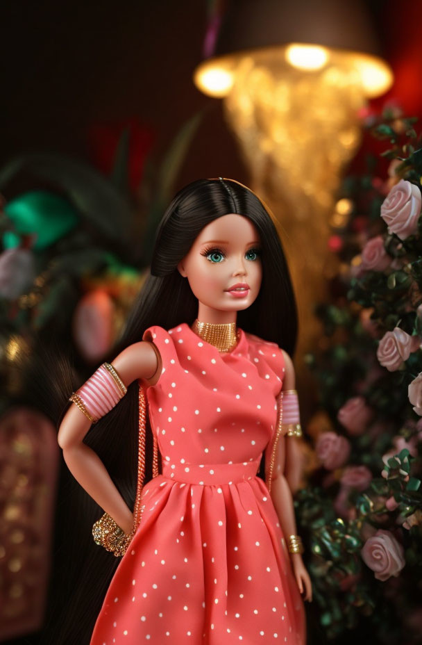 Brunette doll in pink dress with blue eyes and gold jewelry on blurred greenery background