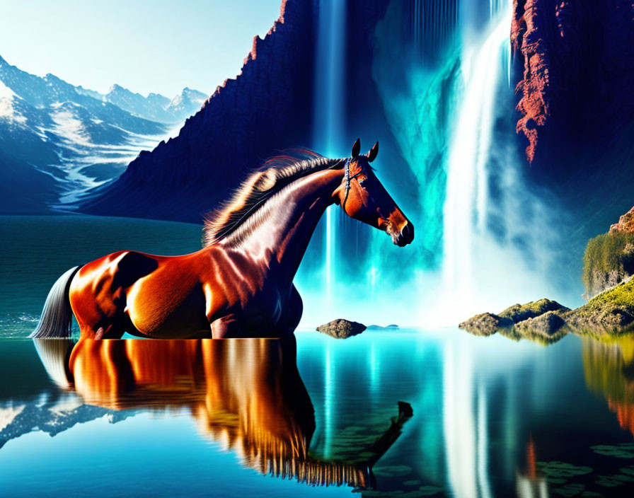 Majestic horse by cascading waterfall with reflection in tranquil blue waters