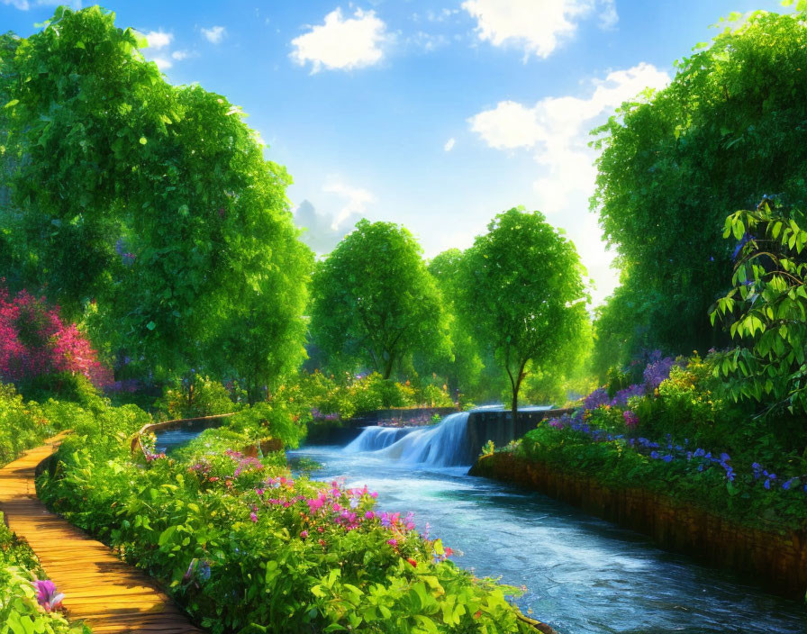 Tranquil river with waterfall, greenery, flowers, and walkway