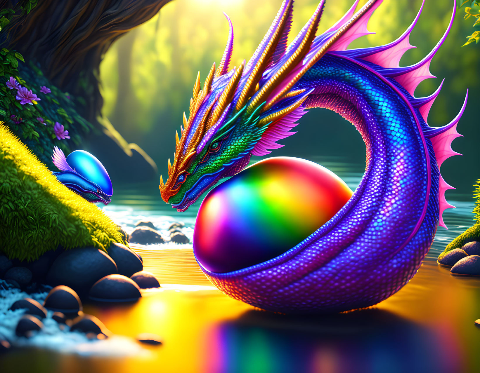 Colorful Dragon Observing Iridescent Orb in Mystical Forest