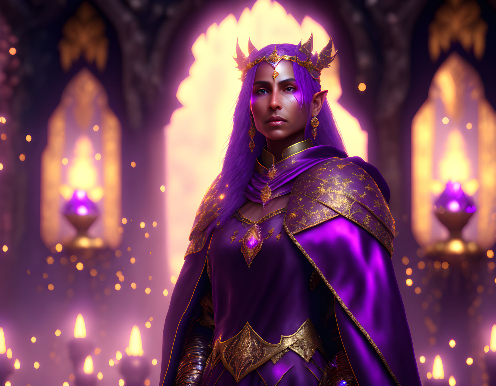 Fantasy character in golden armor and crown in candlelit setting
