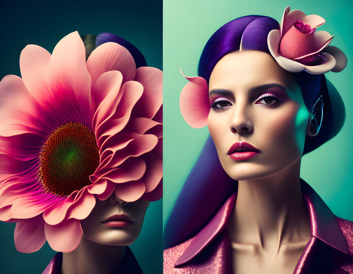 Split composition: Woman with purple hair and floral hat juxtaposed with obscured face by vibrant flower