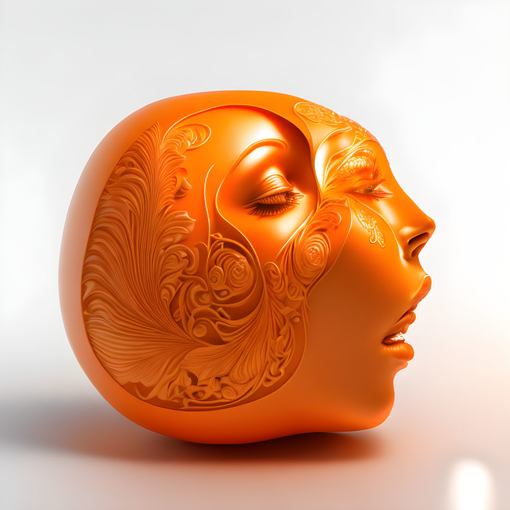 Orange Human Face Artwork with Elaborate Designs on White Background