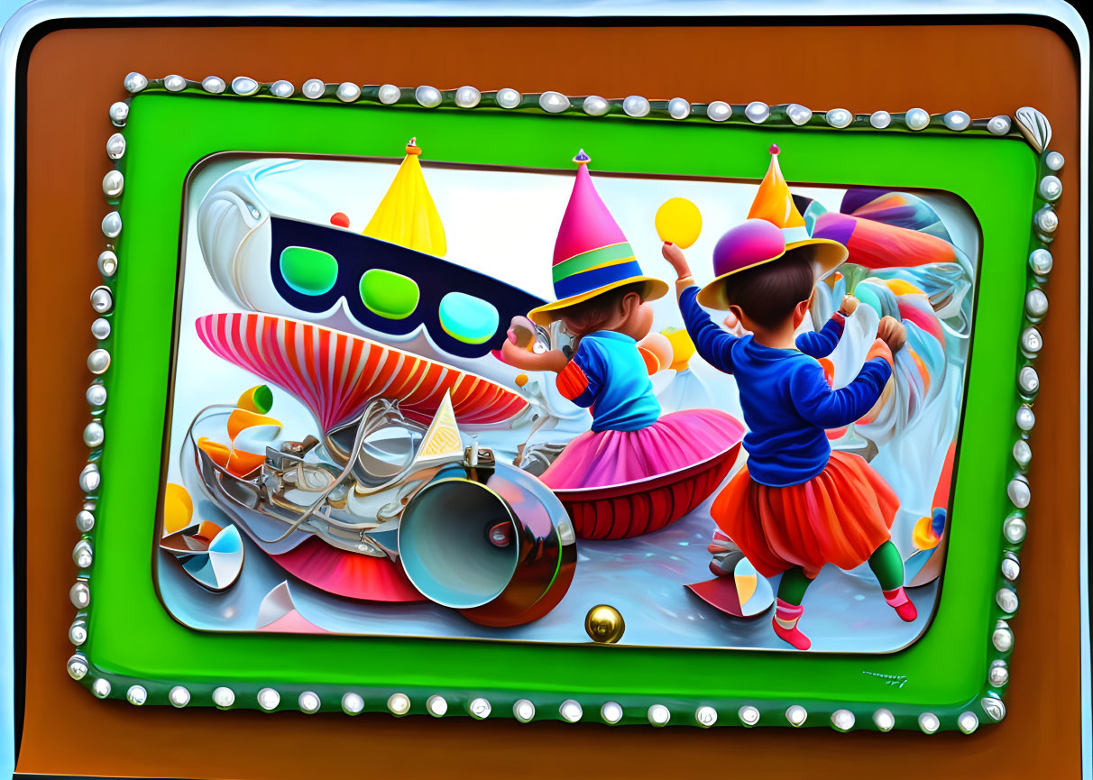 Vibrant digital artwork: Cartoon kids with instruments on abstract background