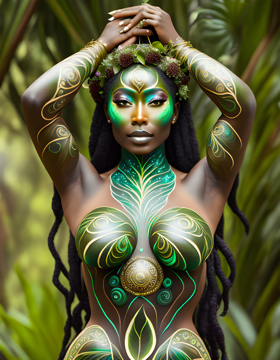 Intricate green and gold body paint on woman with decorative headpiece in mystical setting