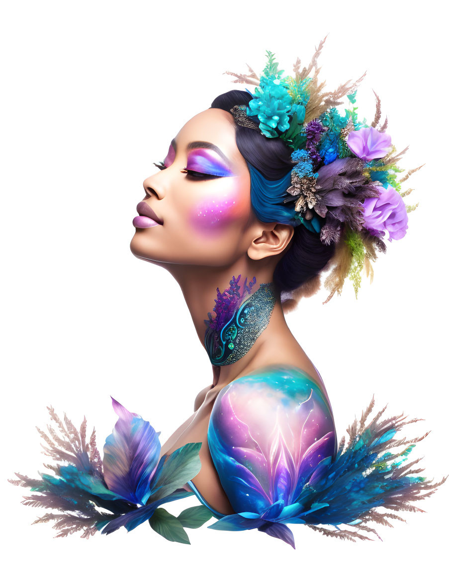 Woman with Colorful Flower and Feather Headpiece for Artistic Makeup Profile