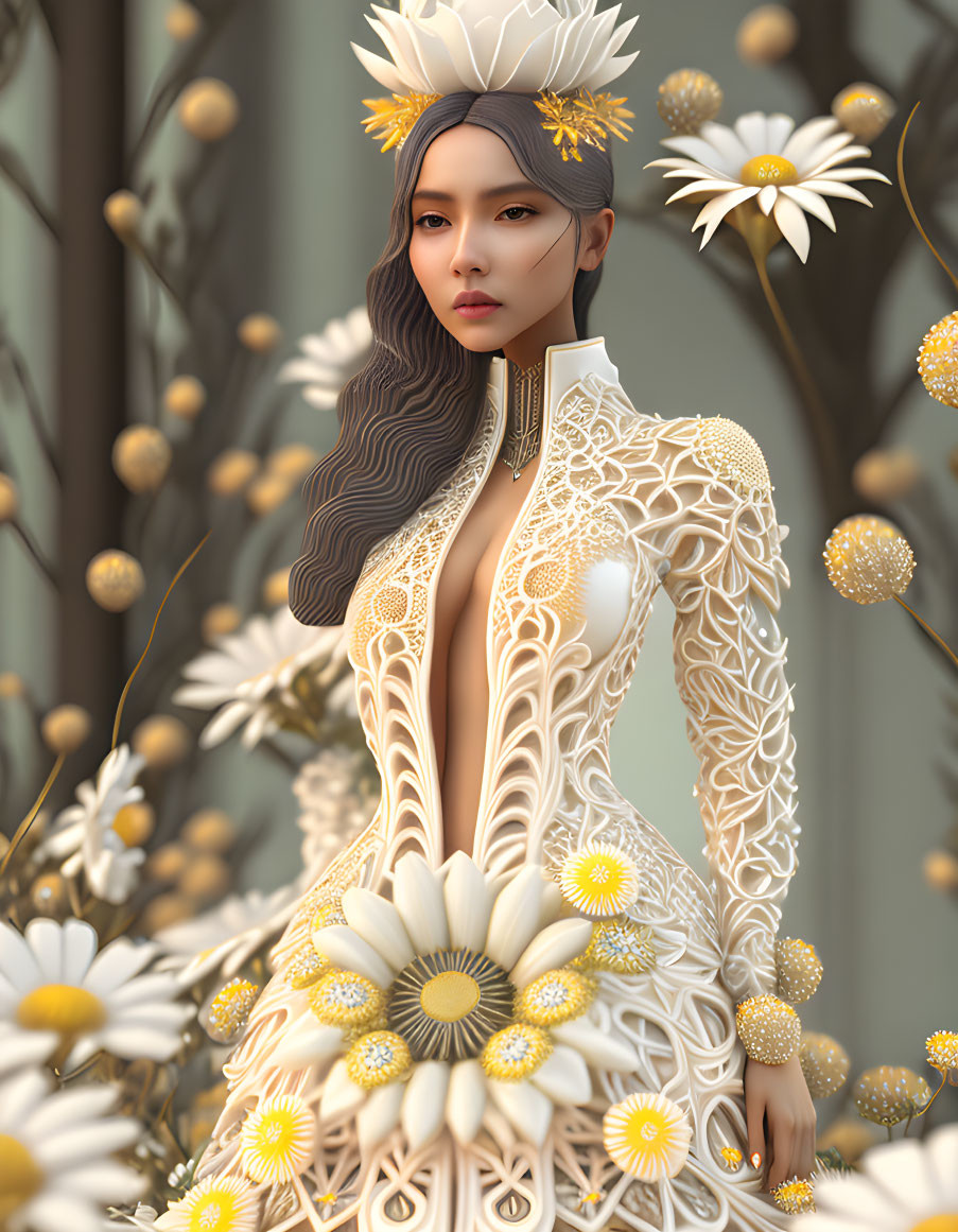 Digital artwork: Woman in white floral outfit with gold flowers, exuding regal aura