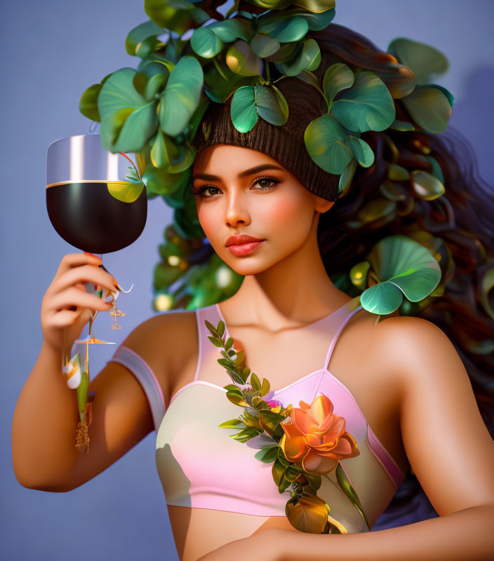 Digital artwork: Woman with foliage hair and wine glass on pink top, blue background
