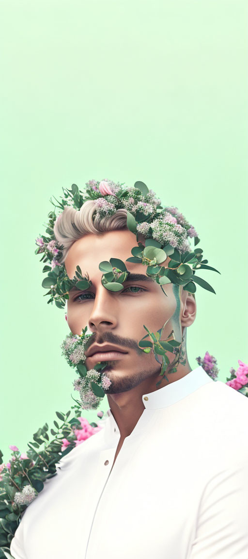 Stylized image of man with silver hair and floral crown on soft green background