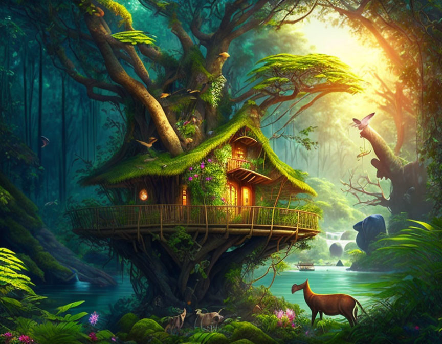 Enchanted forest scene with glowing treehouse, deer, butterflies