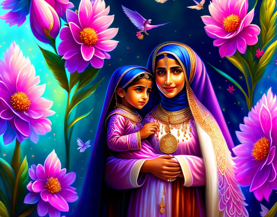 Colorful Indian woman and child with pink flowers and hummingbird on blue background