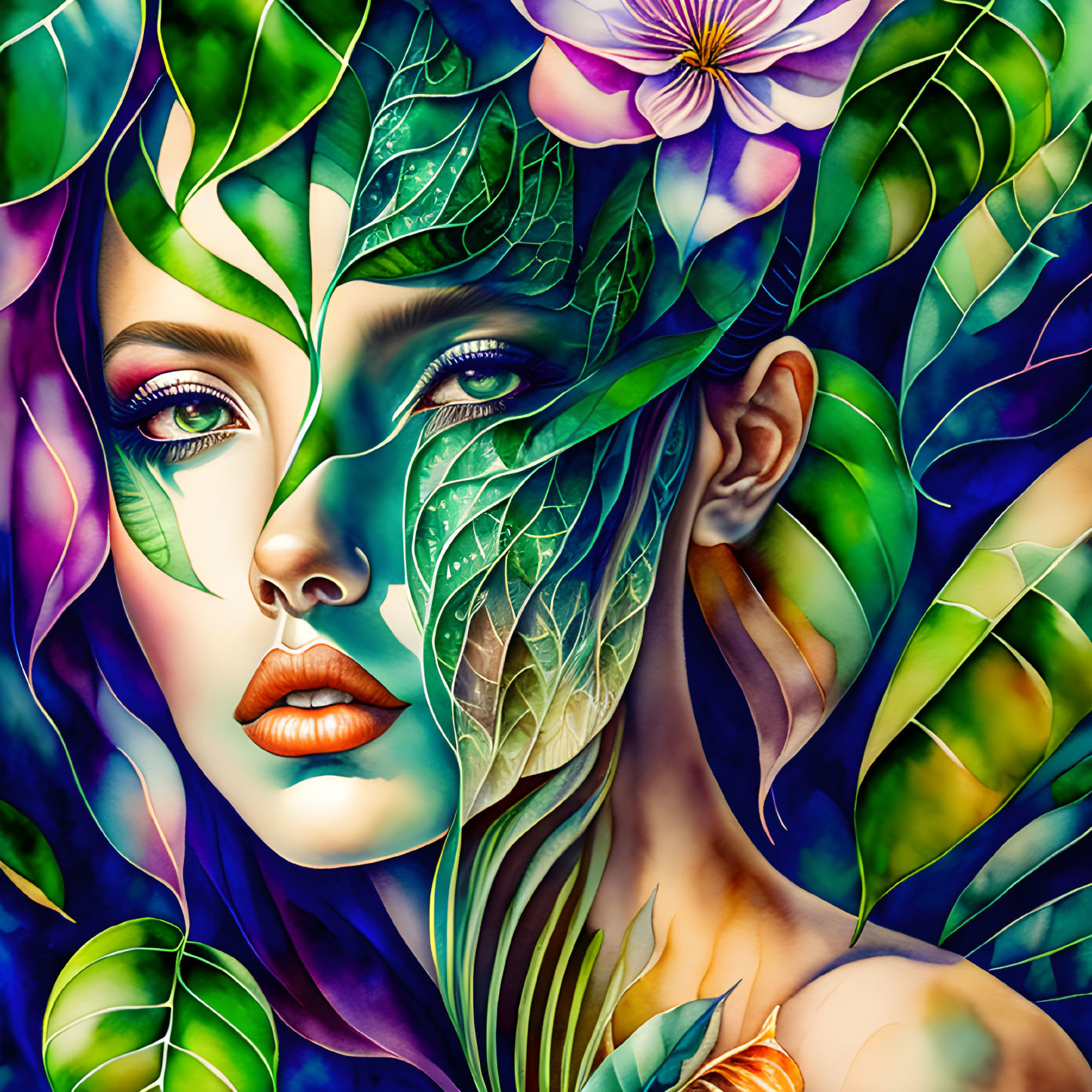 Vibrant illustration of woman with leaf patterns in mystical nature setting