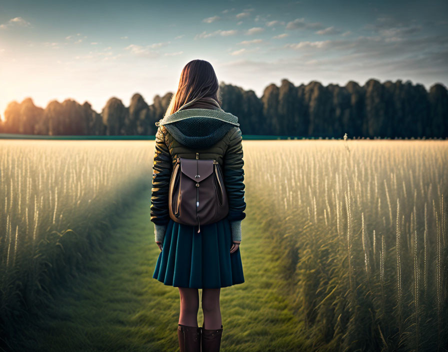 Woman with backpack gazes at forest in sunset field