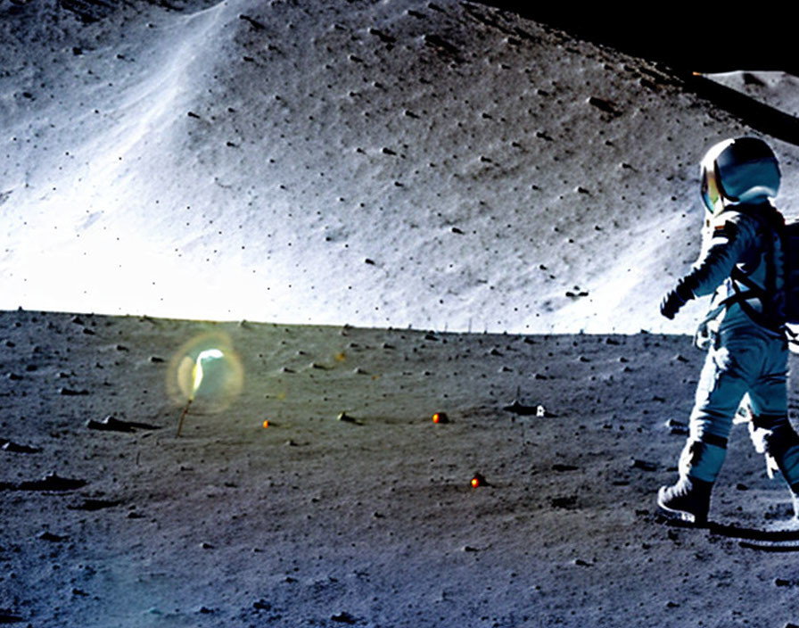 Astronaut in spacesuit on moon with sun glare and footprints