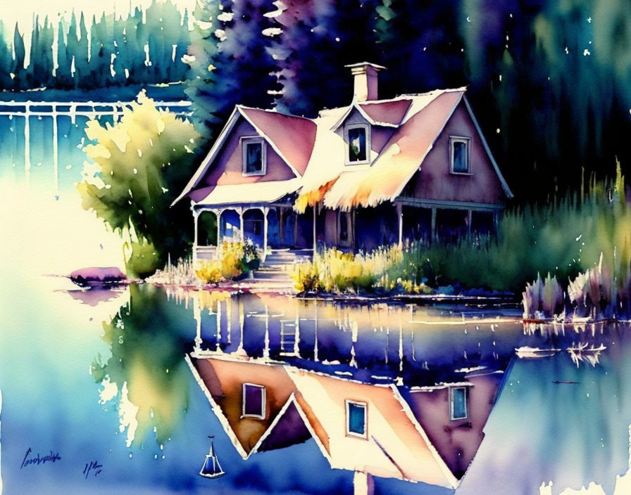 Vibrant watercolor painting of lakeside house reflection, greenery, trees