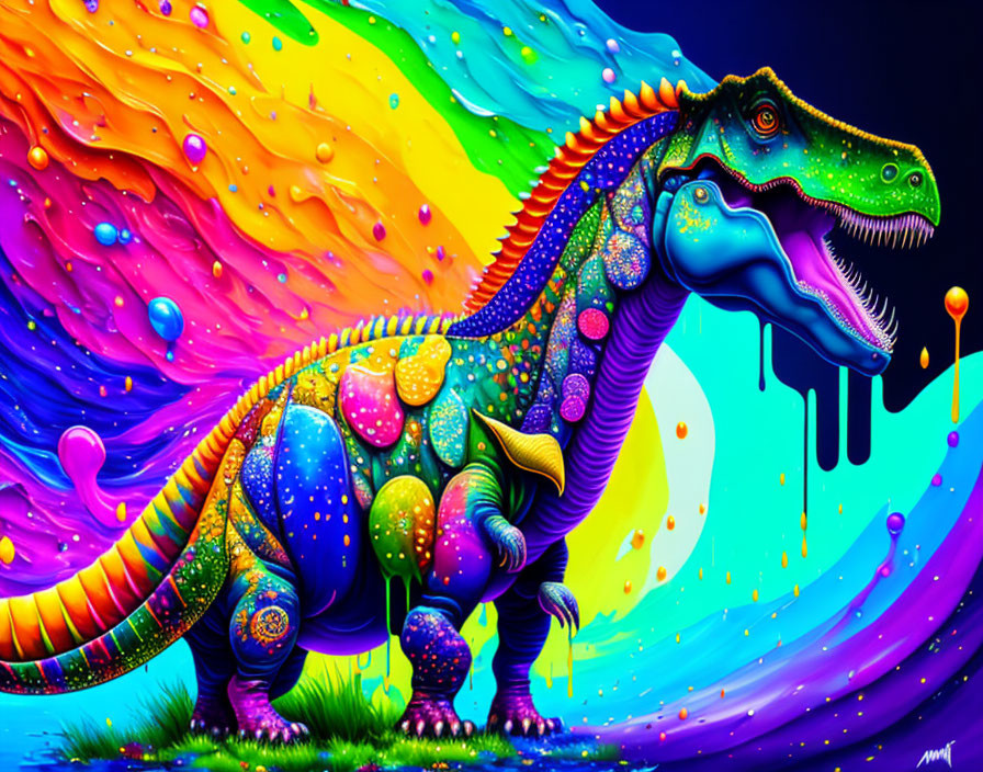 Colorful Psychedelic Dinosaur Art on Surreal Background