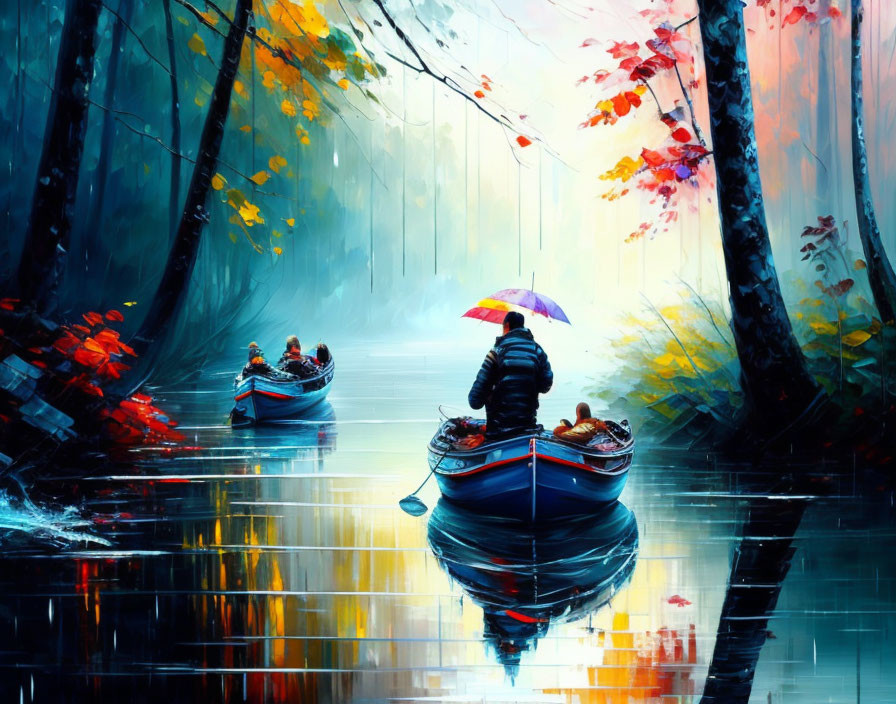 Colorful Rainy Forest: Boats on Water with Umbrella Person