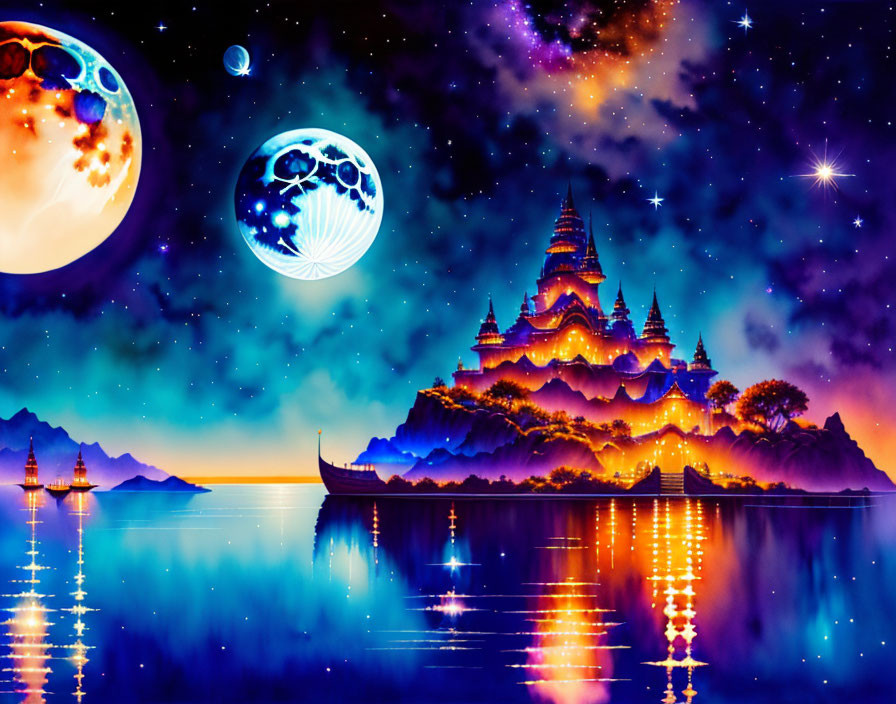 Fantasy landscape digital artwork with glowing castle, boat, two moons, and starry sky.