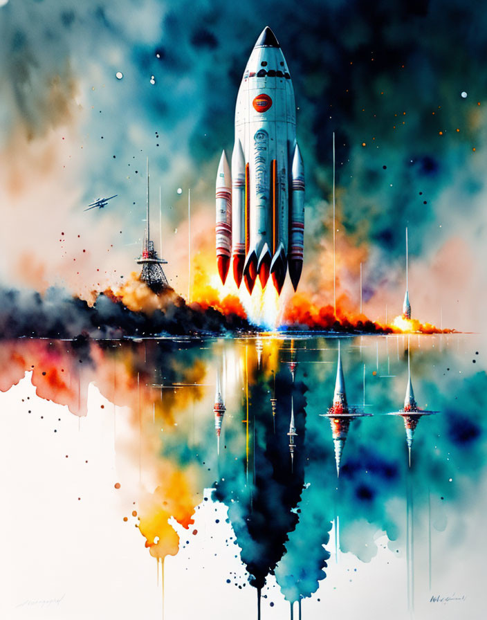 Colorful Rocket Launch Painting on Reflective Surface