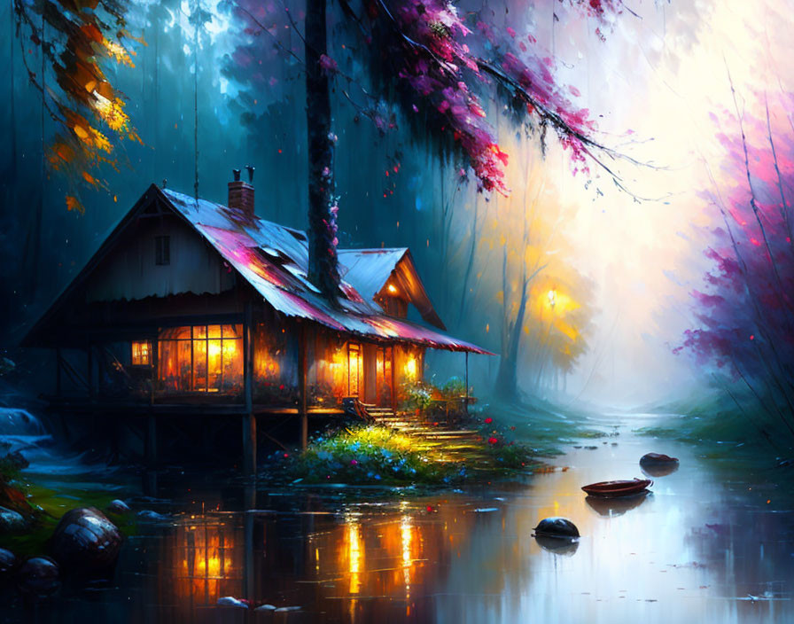 Enchanting woodland cabin with mist, colorful foliage, serene lake