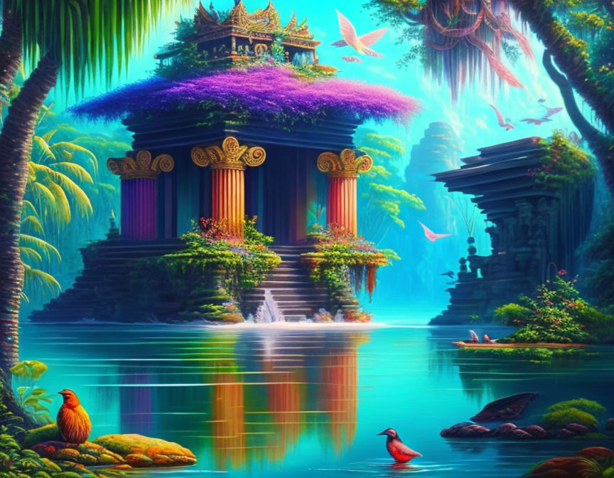 Enchanting forest scene with ancient temples, vibrant flora, waterfalls, exotic birds