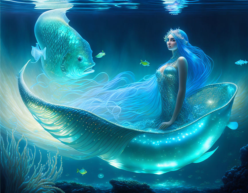 Glowing tail mermaid amidst fish in surreal underwater scene