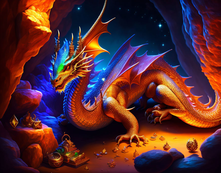 Golden dragon in cave with treasure and mystical glow, stars in background