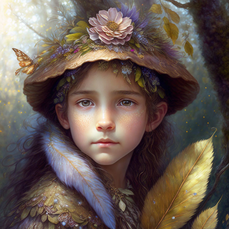 Digital Artwork: Young Girl in Whimsical Hat with Flowers, Butterfly, and Glowing Lights