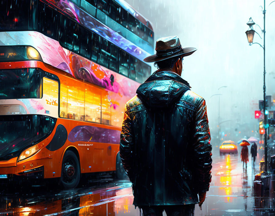 Person in leather jacket and hat observing city street with double-decker bus in rain at night