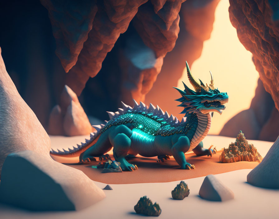 Blue dragon with green spikes in rocky canyon under warm light