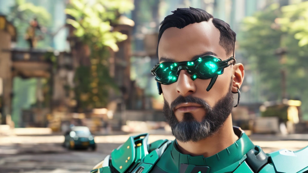 Bearded man with green glowing glasses in front of futuristic cityscape