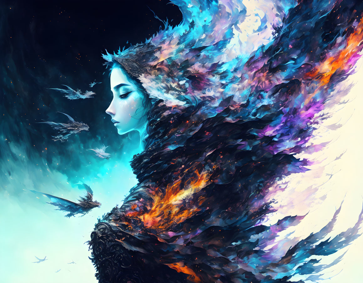 Digital artwork of woman with fiery and icy wings in fantastical blend against starry backdrop