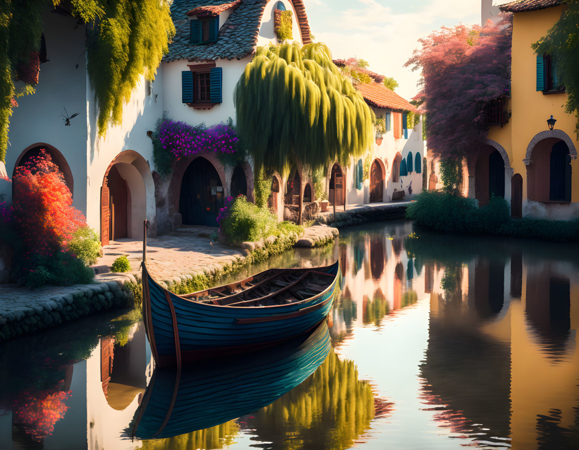 Colorful European Village Street with Canal Reflections
