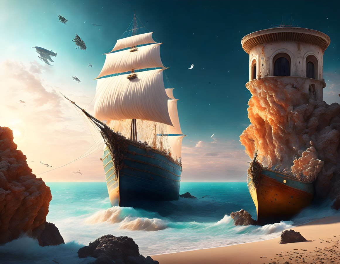 Tall ship between cliffs, whimsical tower, flying fish in surreal scene