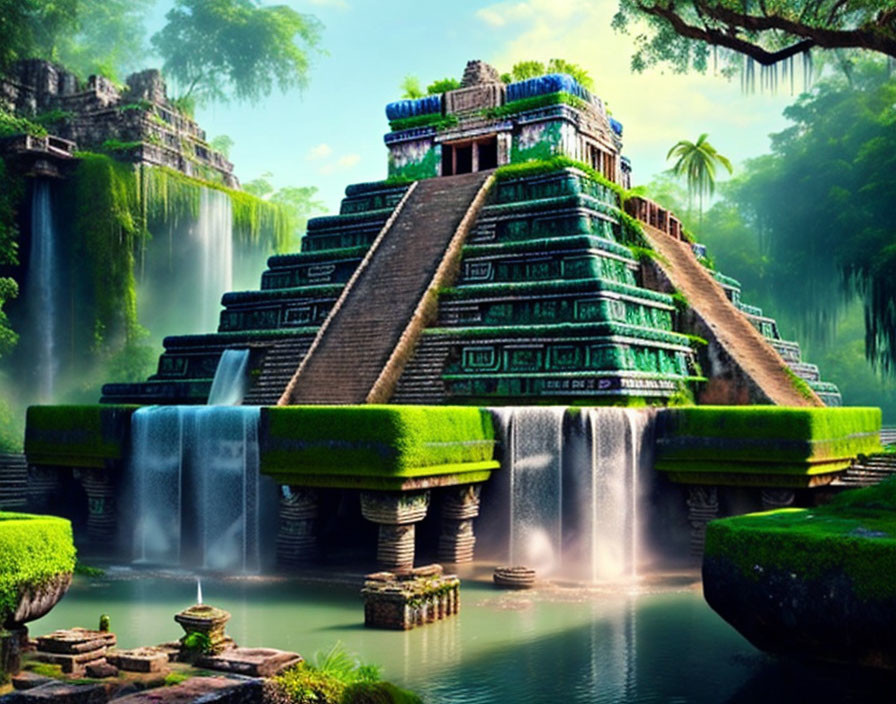 Stepped pyramid in lush landscape with waterfalls