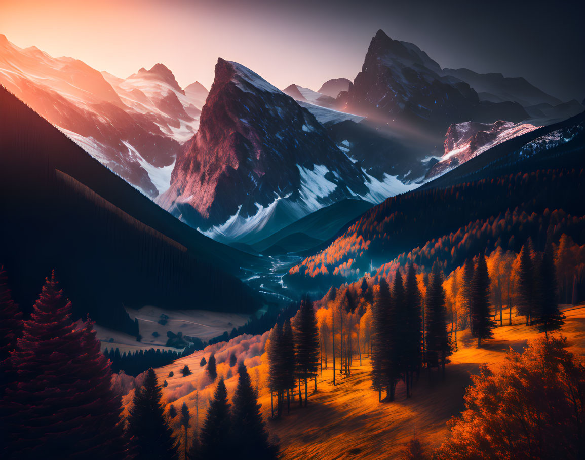 Vibrant sunrise mountain landscape with blue and orange hues