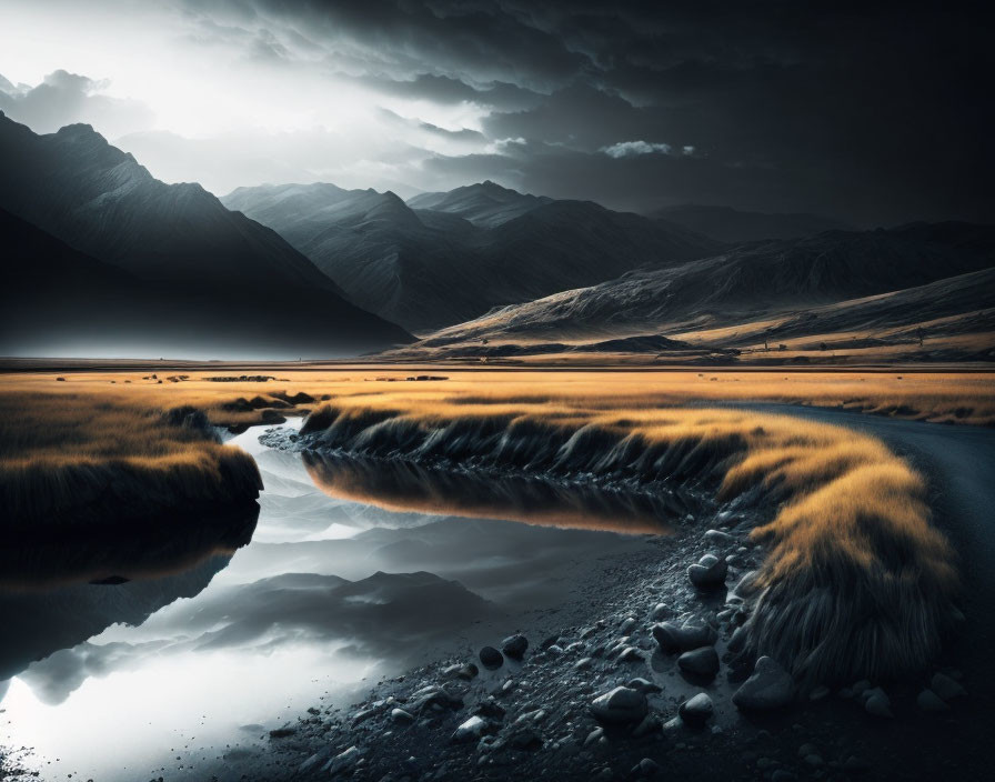 Monochrome landscape with glowing river, dark mountains, and brooding sky